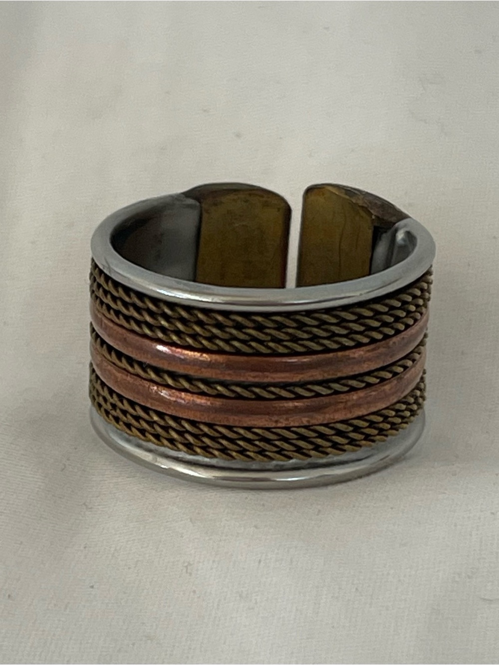 Adjustable Braided Rope Band Ring Sz9 Silver/Copper/Gold Handcrafted Mixed Metal